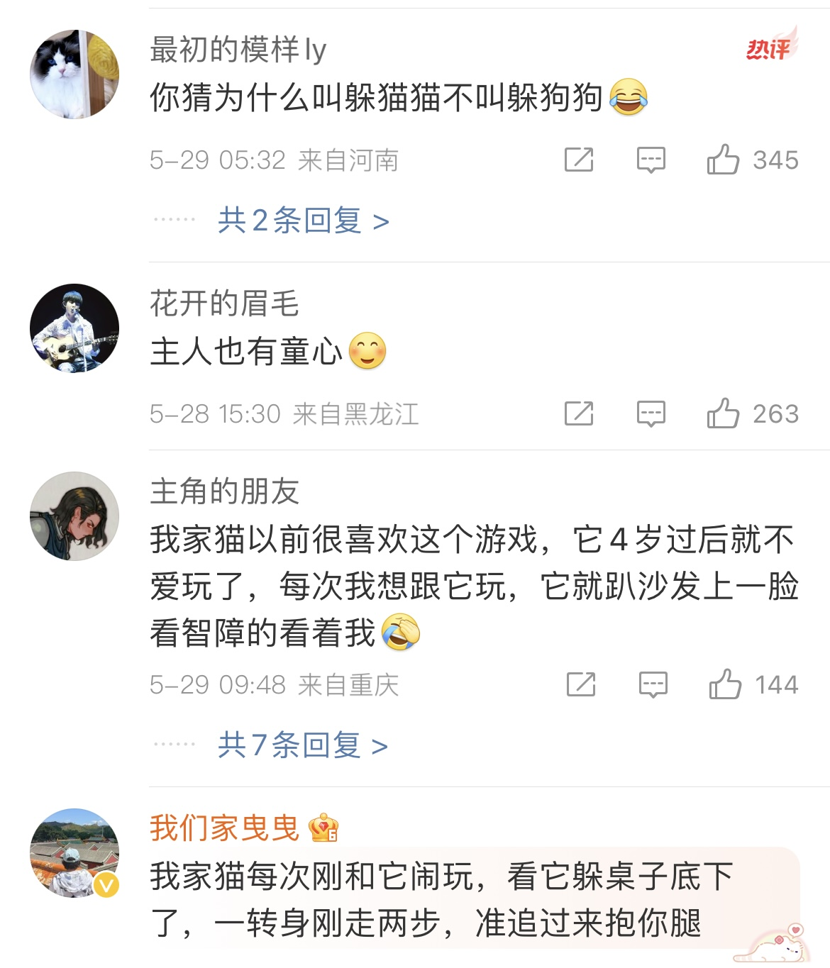 小猫躲在墙角故意吓唬主人，主人也很配合